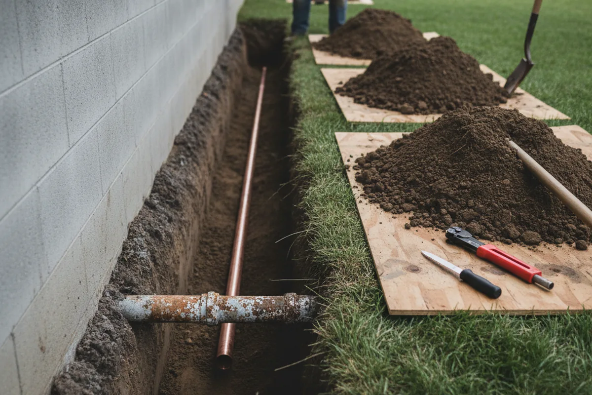 Excavated water line trench during Sewer Line Repair in Darlington